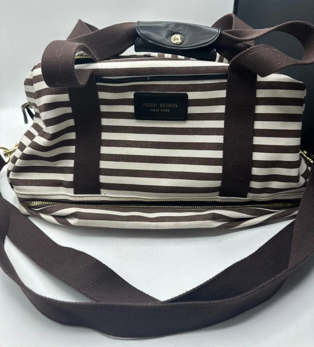 Henri Bendel NY Brown White stripe weekender bag Shoulder and Crossbody zipper
